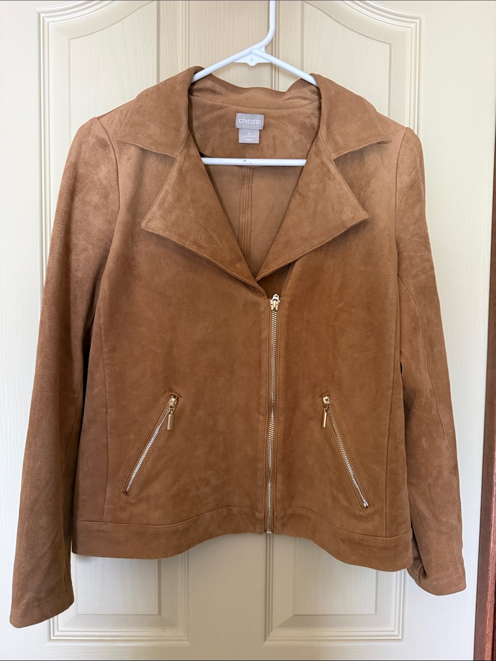 Chico's Chestnut Suede Moto Jacket with Gold Zippers